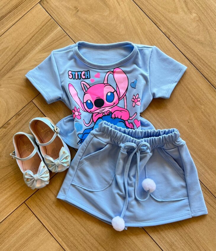 Conjunto Infantil Feminino Blusa Short Stitch Azul Fernanda ramos kids