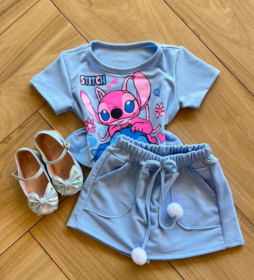 Conjunto Infantil Feminino Blusa Short Stitch Azul Fernanda ramos kids