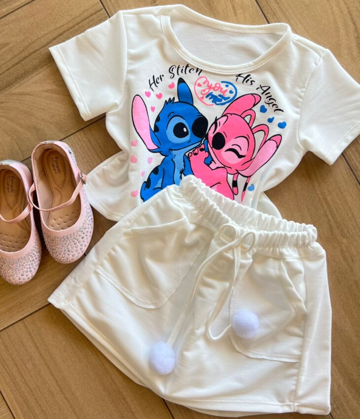 fernandaramoskids com br Conjunto Infantil Feminino Blusa Short Stitch Branco 1