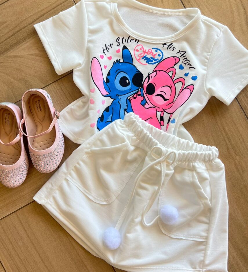 fernandaramoskids com br Conjunto Infantil Feminino Blusa Short Stitch Branco 1