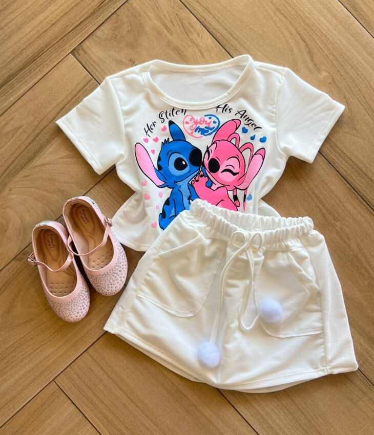 Conjunto Infantil Feminino Blusa Short Stitch Branco da Fernanda ramos kids