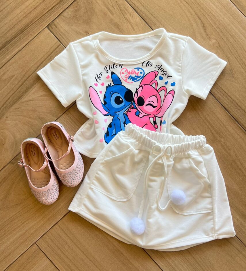 Conjunto Infantil Feminino Blusa Short Stitch Branco da Fernanda ramos kids