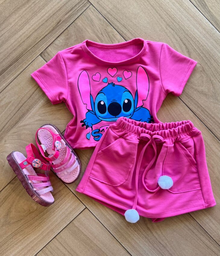 Conjunto Infantil Feminino Blusa Short Stitch Pink Fernanda ramos kids