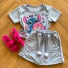 Conjunto Infantil Feminino Blusa Stitch e Short Saia Azul Fernanda Ramos Kids