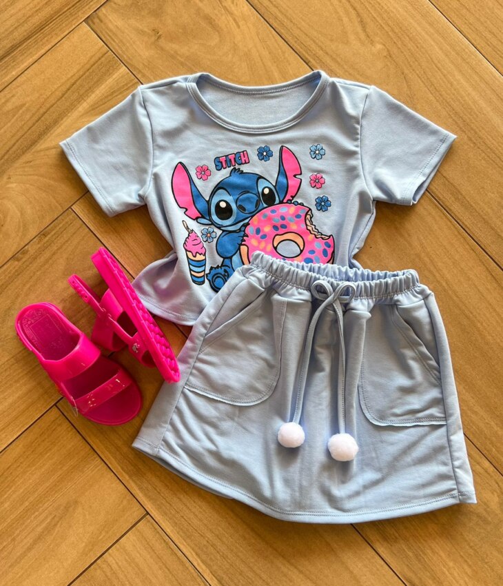 Conjunto Infantil Feminino Blusa Stitch e Short Saia Azul Fernanda Ramos Kids
