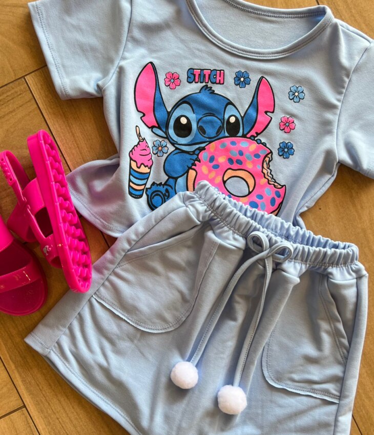 fernandaramoskids com br Conjunto Infantil Feminino Blusa Stitch e Short Saia Azul1