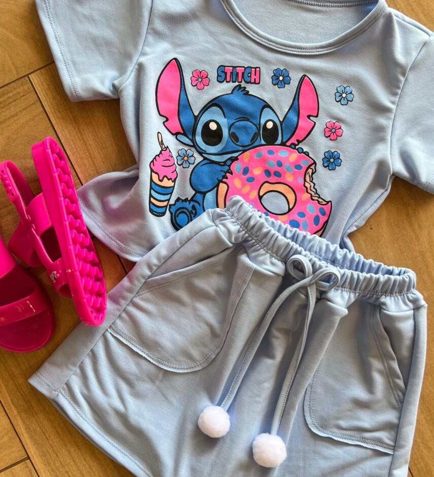 fernandaramoskids com br Conjunto Infantil Feminino Blusa Stitch e Short Saia Azul1