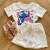 Conjunto Infantil Feminino Blusa Stitch e Short Saia Branco Fernanda Ramos Kids