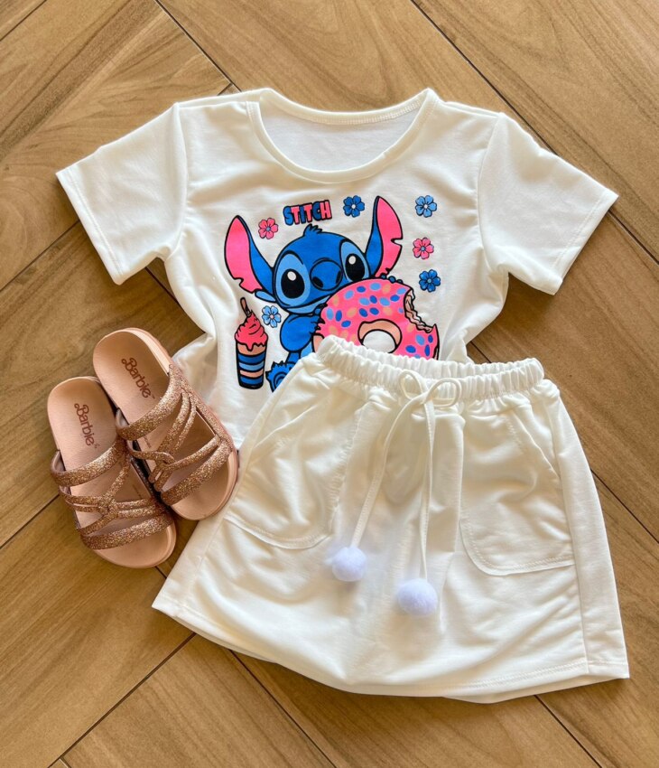Conjunto Infantil Feminino Blusa Stitch e Short Saia Branco Fernanda Ramos Kids