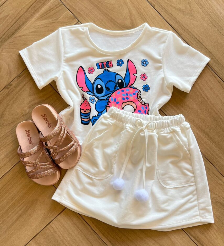 Conjunto Infantil Feminino Blusa Stitch e Short Saia Branco Fernanda Ramos Kids