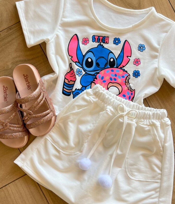 fernandaramoskids com br Conjunto Infantil Feminino Blusa Stitch e Short Saia Branco1