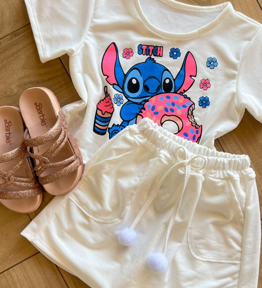 fernandaramoskids com br Conjunto Infantil Feminino Blusa Stitch e Short Saia Branco1