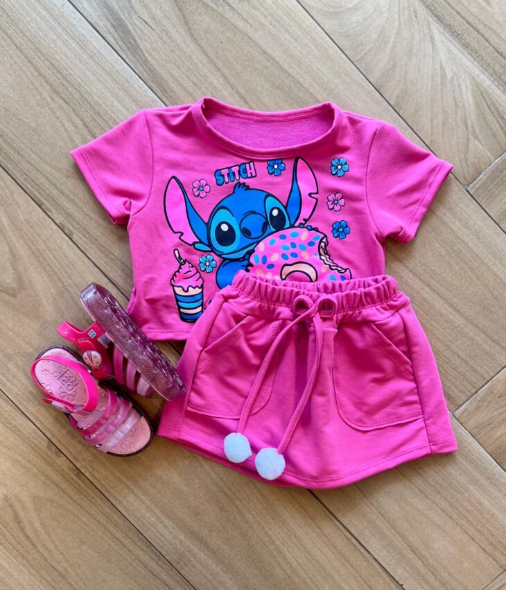 Conjunto Infantil Feminino Blusa Stitch e Short Saia Pink Fernanda Ramos Kids