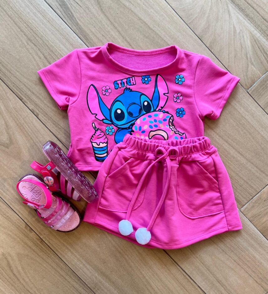 Conjunto Infantil Feminino Blusa Stitch e Short Saia Pink Fernanda Ramos Kids