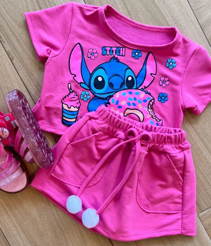 fernandaramoskids com br Conjunto Infantil Feminino Blusa Stitch e Short Saia Pink1