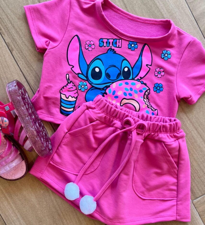 fernandaramoskids com br Conjunto Infantil Feminino Blusa Stitch e Short Saia Pink1