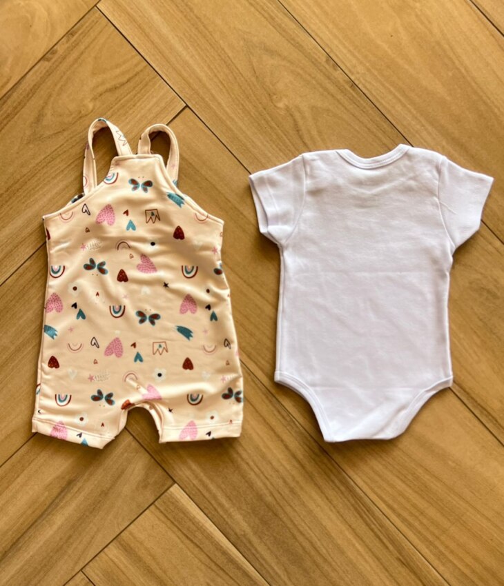 fernandaramoskids com br Conjunto Infantil Feminino Body Branco e Jardineira Estampada Alegre 2