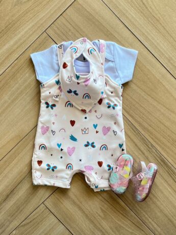 Conjunto Infantil Feminino Body Branco e Jardineira Estampada Alegre Fernanda Ramos Kids