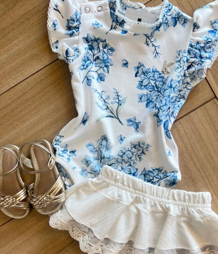 fernandaramoskids com br Conjunto Infantil Feminino Body com Flor Azul e Saia Off White 1