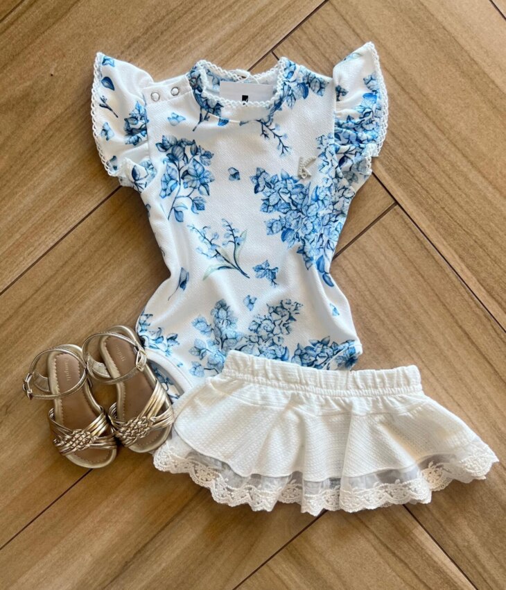 Fernanda Ramos Kids Conjunto Infantil Feminino Body com Flor Azul e Saia Off White