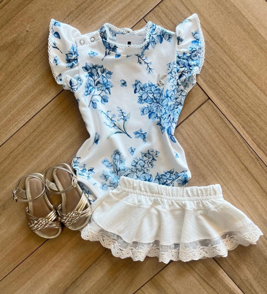 Fernanda Ramos Kids Conjunto Infantil Feminino Body com Flor Azul e Saia Off White