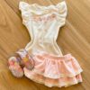 Conjunto Infantil Feminino Body com Flor e Saia Rosa Fernanda Ramos Kids