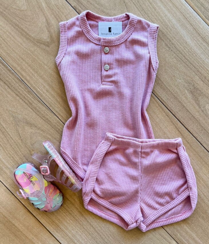 Conjunto Infantil Feminino Body e Short Rose Fernanda Ramos Kids