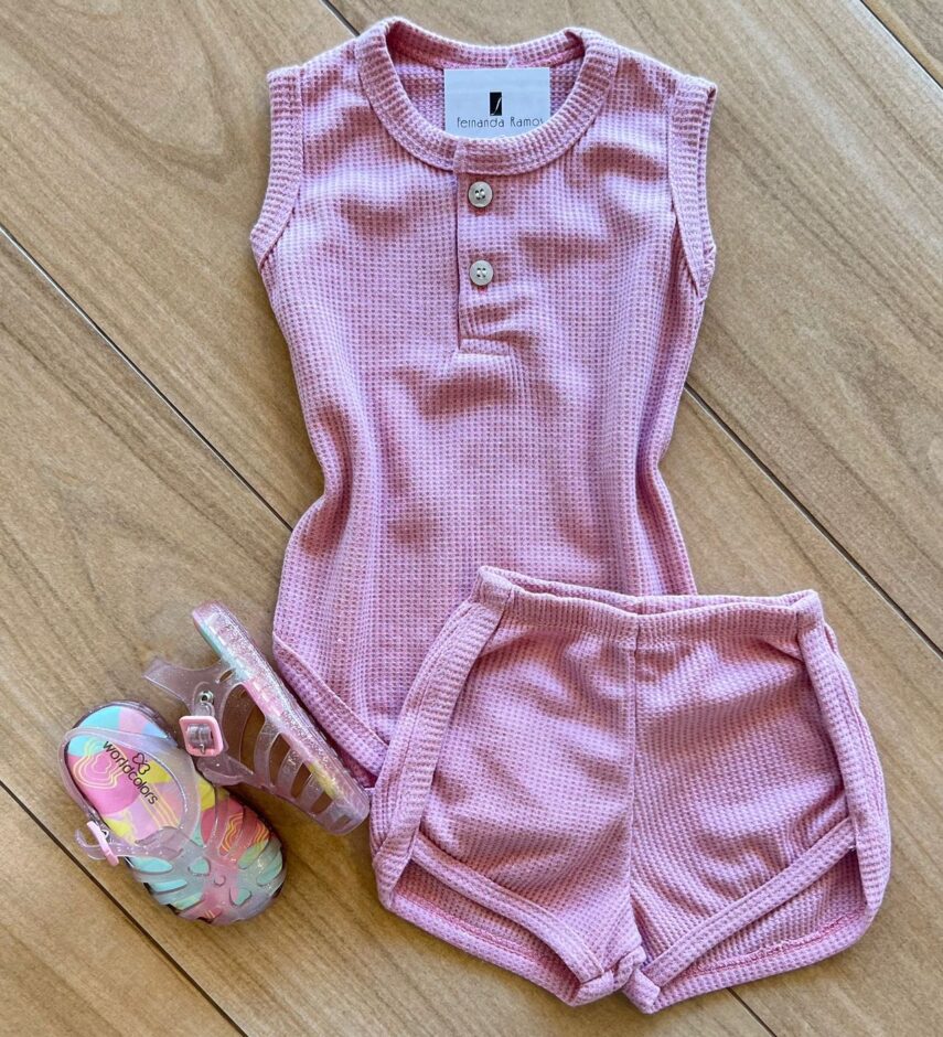 Conjunto Infantil Feminino Body e Short Rose Fernanda Ramos Kids