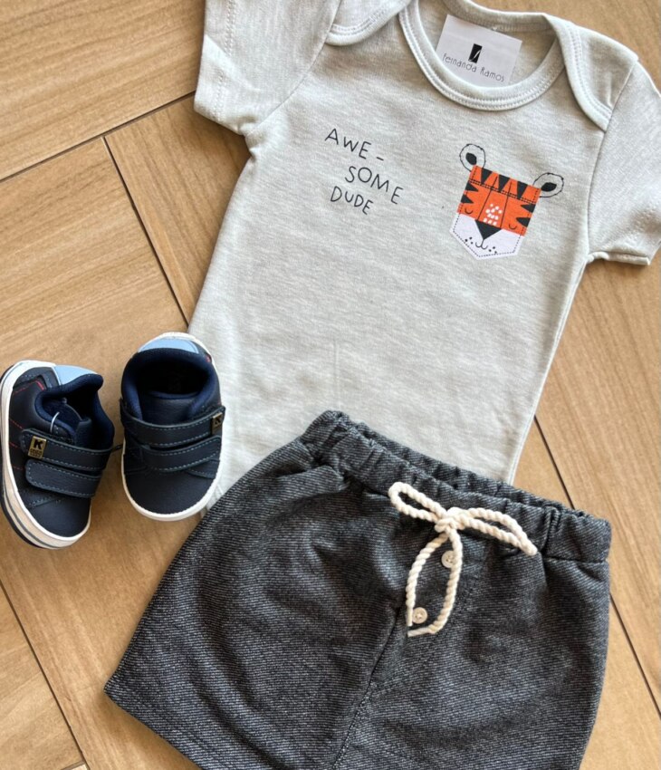 fernandaramoskids com br Conjunto Infantil Feminino Body e Short Cinza Tigre 1