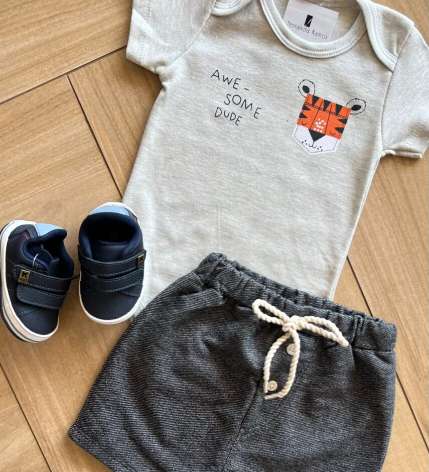 fernandaramoskids com br Conjunto Infantil Feminino Body e Short Cinza Tigre 1