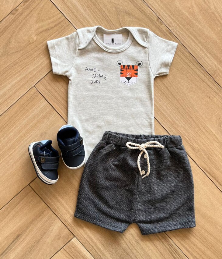 Conjunto Infantil Feminino Body e Short Cinza Tigre Fernanda Ramos Kids