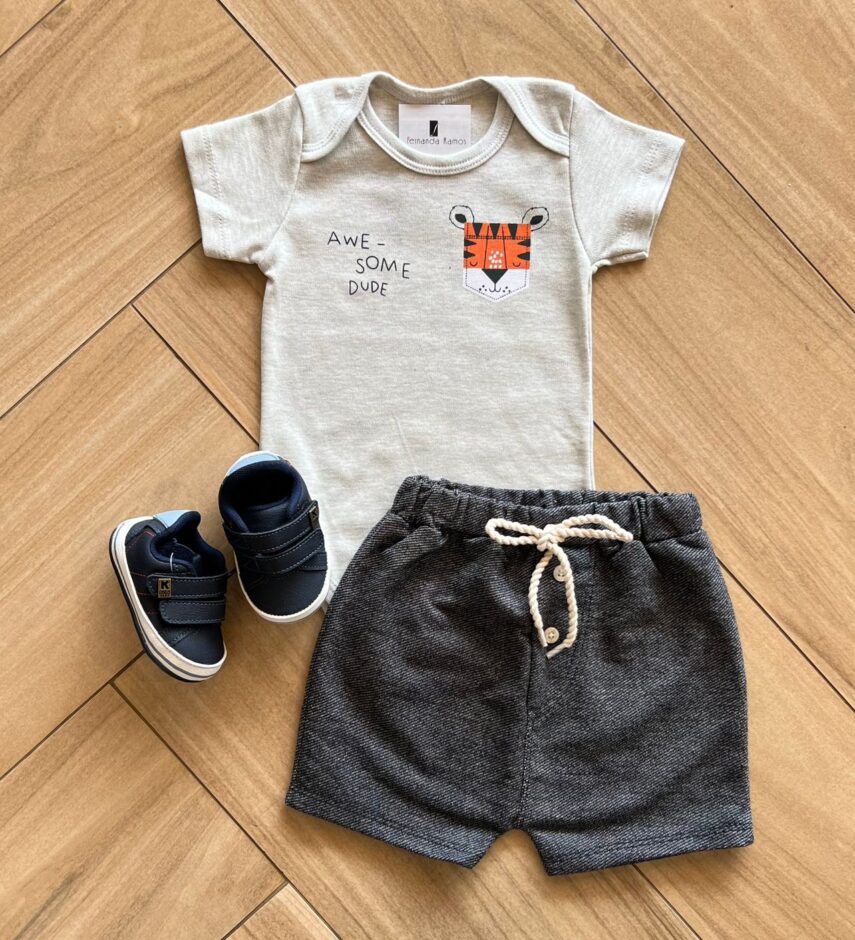 Conjunto Infantil Feminino Body e Short Cinza Tigre Fernanda Ramos Kids