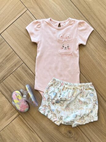 Conjunto Infantil Feminino Body Gatinho e Short Estampado Off White Fernanda Ramos Kids