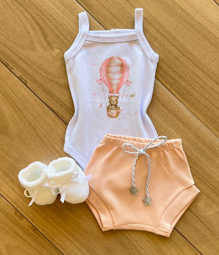 Conjunto Infantil Feminino Body Ursinho de Alcinha e Calcinha Salmão Fernanda Ramos Kids