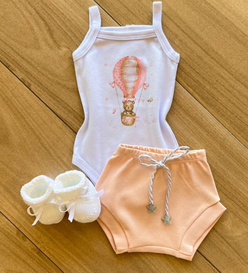 Conjunto Infantil Feminino Body Ursinho de Alcinha e Calcinha Salmão Fernanda Ramos Kids