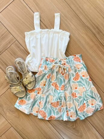 Conjunto Infantil Feminino Cropped e Short Saia Estampa Floral Fernanda Ramos Kids