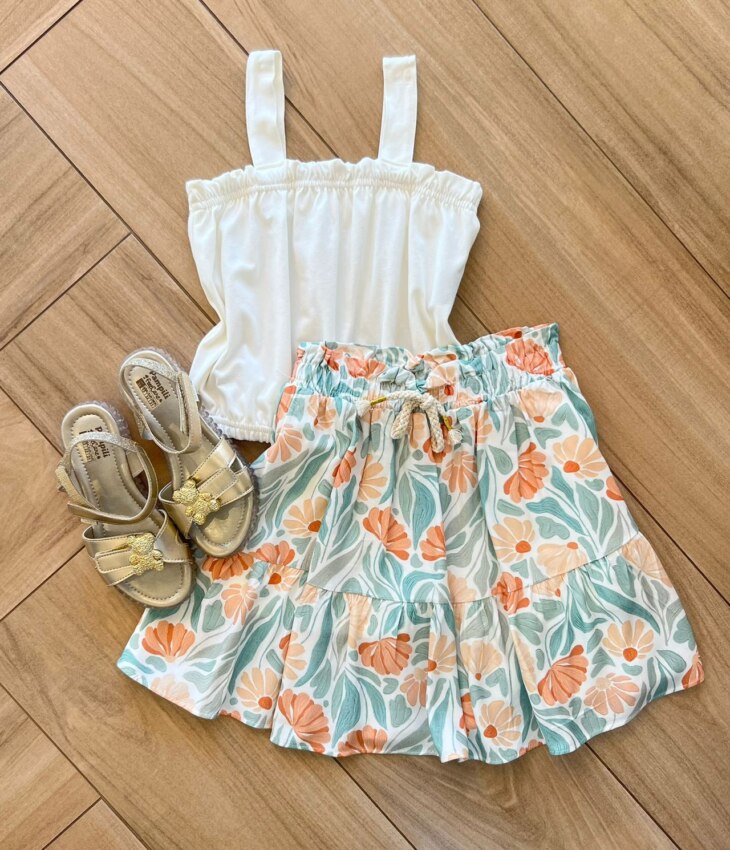 Conjunto Infantil Feminino Cropped e Short Saia Estampa Floral Fernanda Ramos Kids