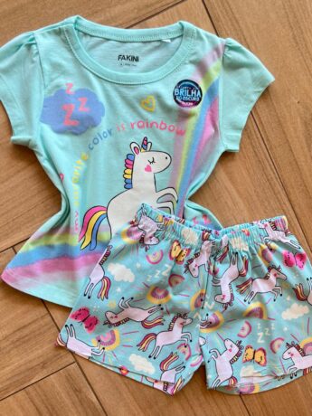 Conjunto Infantil Feminino Pijama Blusa e Short Unicórnio Color Fernanda Ramos Kids