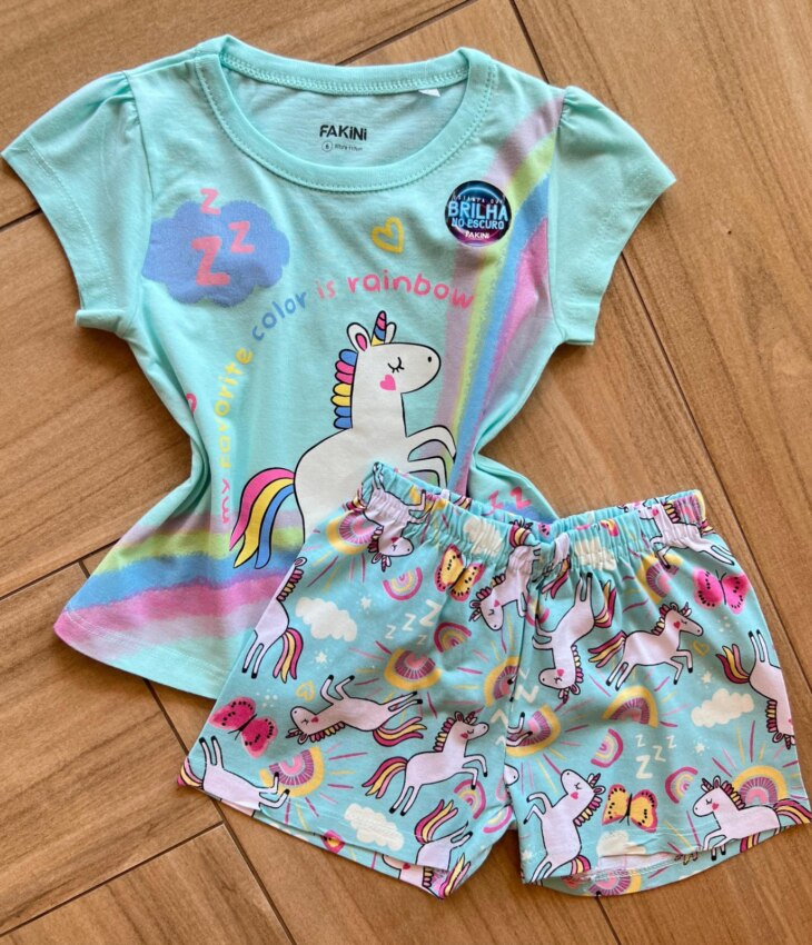 Conjunto Infantil Feminino Pijama Blusa e Short Unicórnio Color Fernanda Ramos Kids