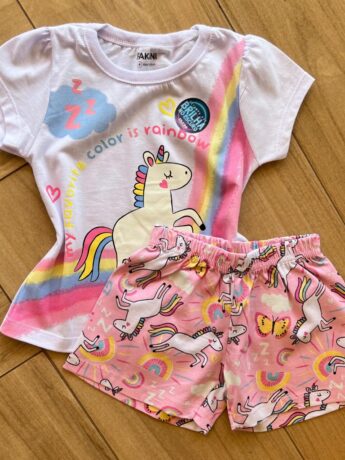 Conjunto Infantil Feminino Pijama Rosa Blusa e Short Unicórnio Color Fernanda ramos kids