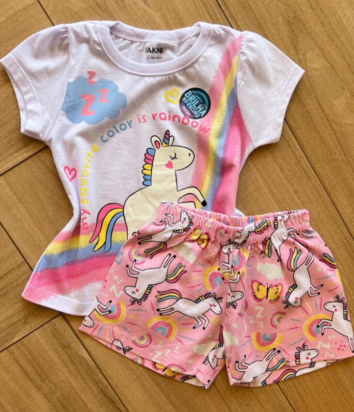 Conjunto Infantil Feminino Pijama Rosa Blusa e Short Unicórnio Color Fernanda ramos kids