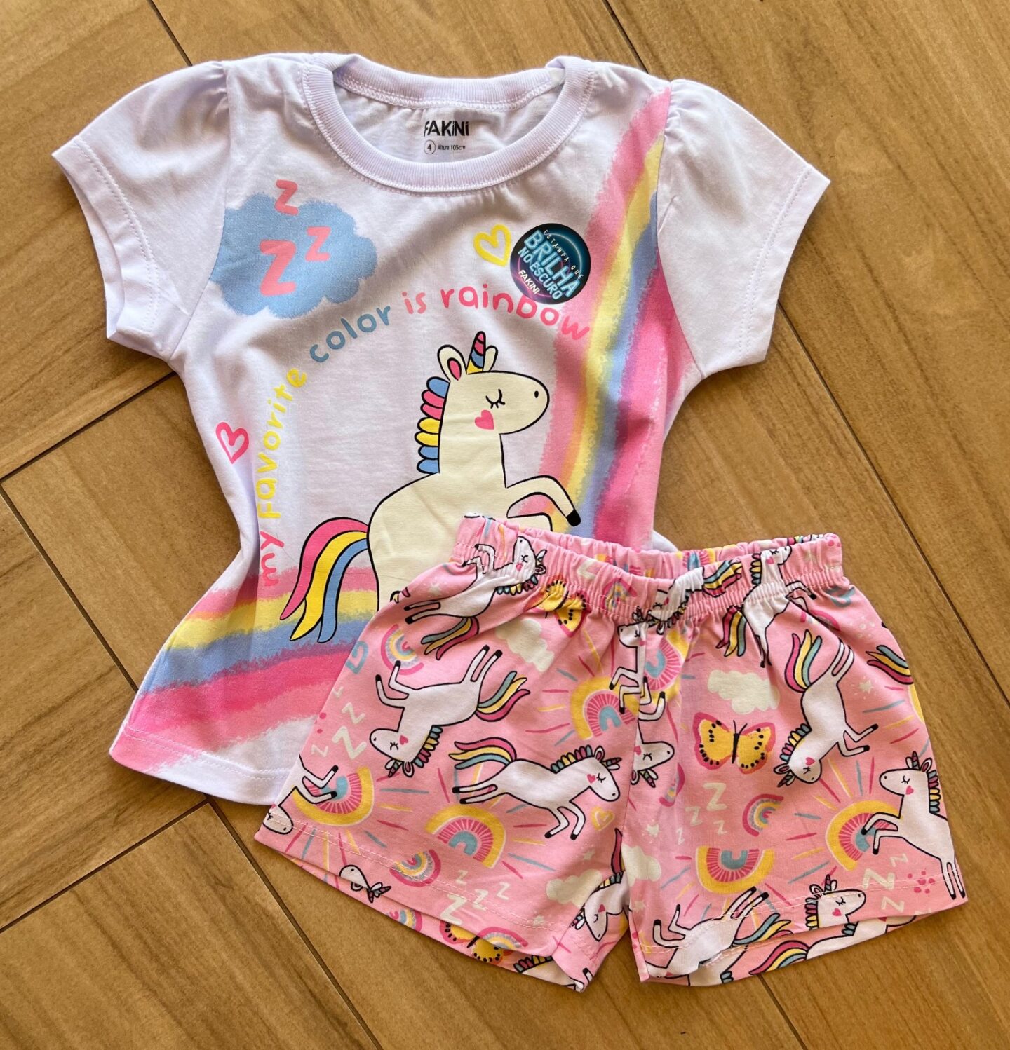 Conjunto Infantil Feminino Pijama Rosa Blusa e Short Unicórnio Color Fernanda ramos kids