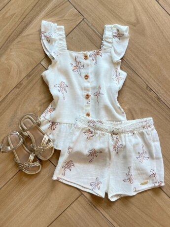 Conjunto Infantil Feminino Regata com Botões e Short Estampa Coqueiro Fernanda Ramos Kids
