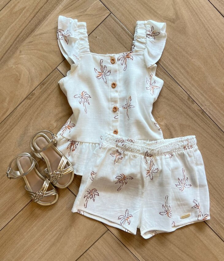 Conjunto Infantil Feminino Regata com Botões e Short Estampa Coqueiro Fernanda Ramos Kids