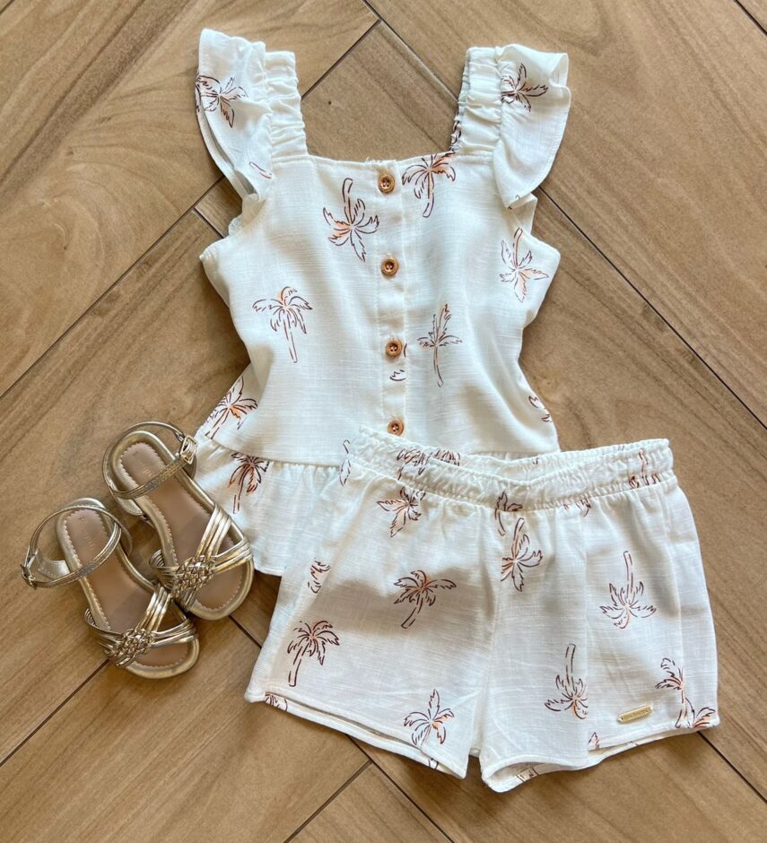 Conjunto Infantil Feminino Regata com Botões e Short Estampa Coqueiro Fernanda Ramos Kids