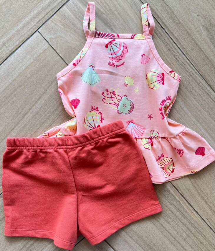 Conjunto Infantil Feminino Regata Estampada Salmão e Short TerraCota Fernada Ramos Kids