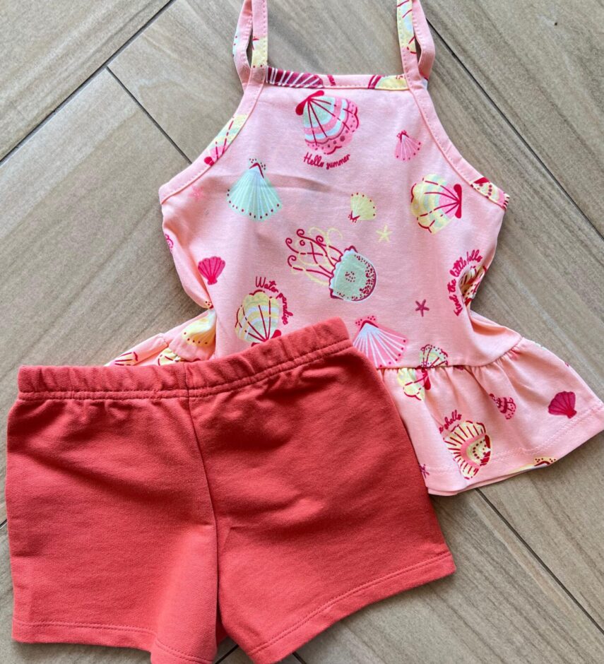 Conjunto Infantil Feminino Regata Estampada Salmão e Short TerraCota Fernada Ramos Kids