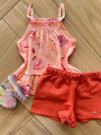 Conjunto Infantil Feminino Regata Estampada Salmão e Short TerraCota Fernanda Ramos Kids