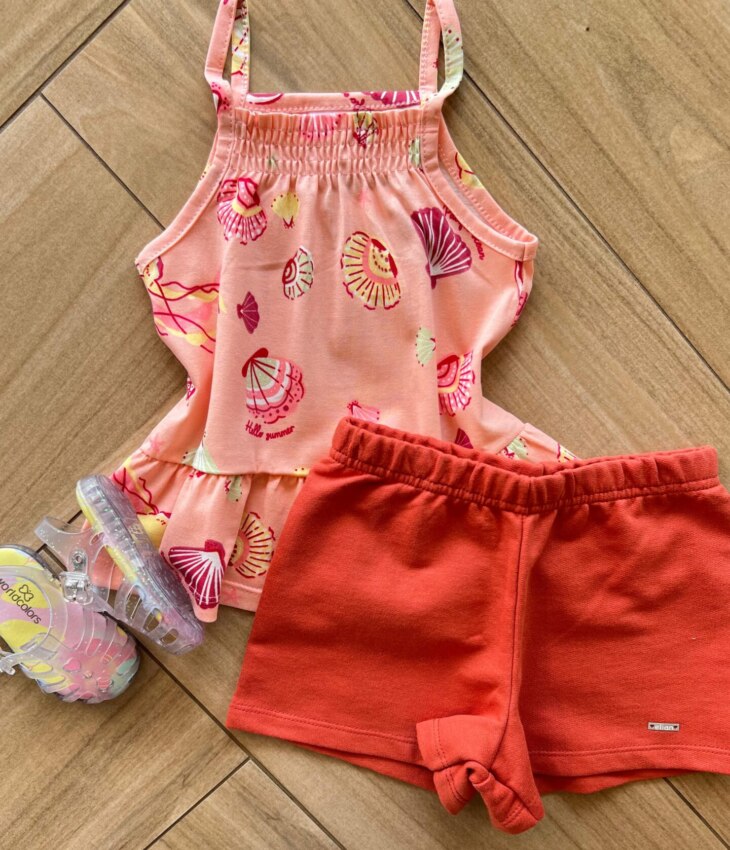 Conjunto Infantil Feminino Regata Estampada Salmão e Short TerraCota Fernanda Ramos Kids