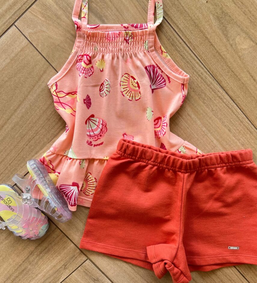 Conjunto Infantil Feminino Regata Estampada Salmão e Short TerraCota Fernanda Ramos Kids